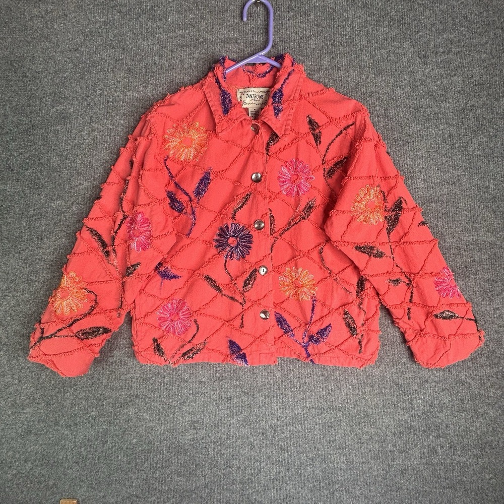 Tantrums Womens Cardigan Floral Embroidered Size Medium Pink Button‎ Up Pockets